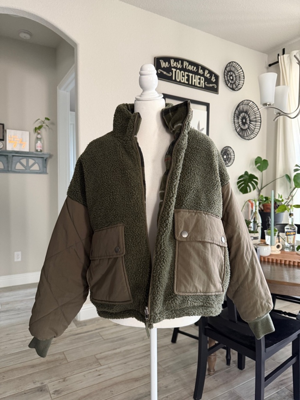 American Eagle Coat Jacket Reversible S Olive Pockets Zip Up Plaid